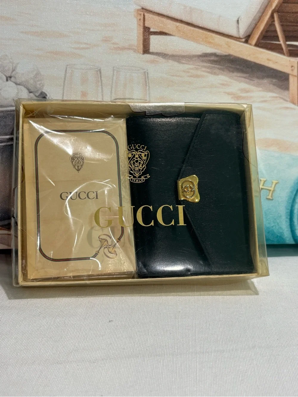 Authentic Vintage Gucci Black Leather Address Book Notebook Pen Set with Box new